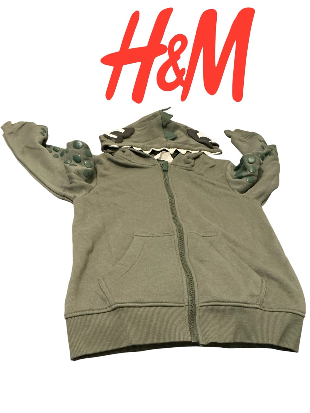 H&M Kids Olive Green Dinosaur Zip Hoodie with Hood Spikes size 6X/7